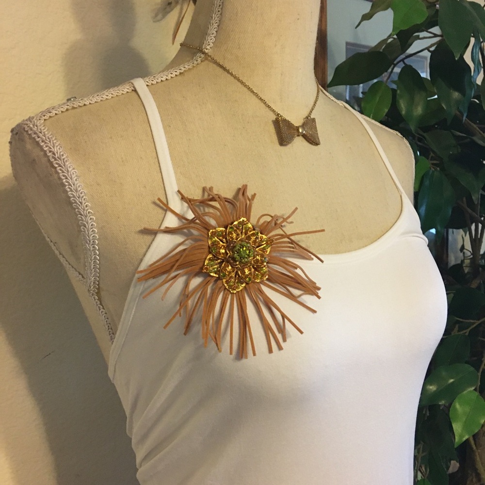 Vintage repurpose stone & bead fringe brooch